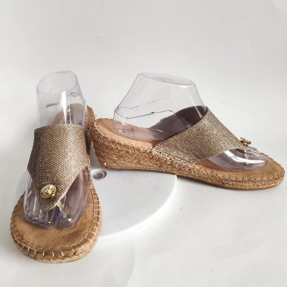 White Mountain Sandals Size 10 Espadrilles Wedges‎ Open Toe Mules Gold Glitter